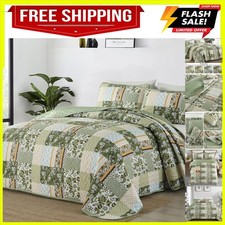 Quilt Set Queen Size, Green Patchwork Bedspread with 2 Shams 3 Pieces Plaid...