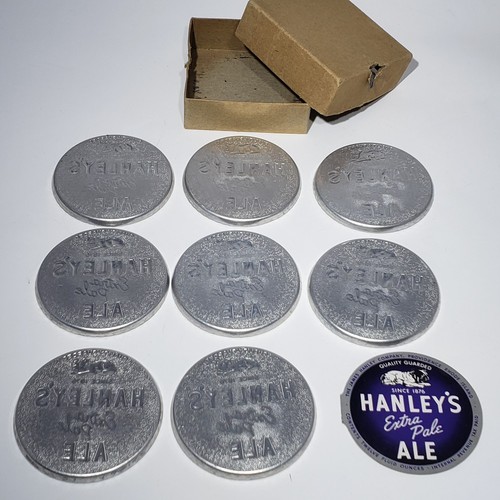 Box of 8 Hanleys Extra Pale Ale 3" Aluminum Coasters Providence RI Original Box - Picture 11 of 16