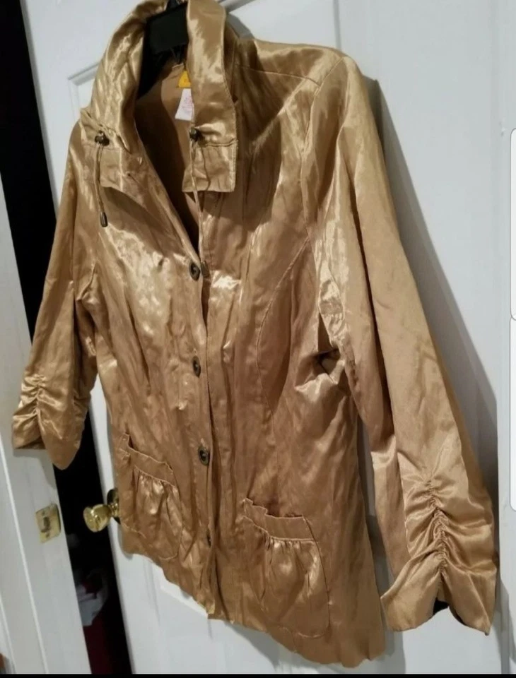 Ruby Rd Gold Metallic ButtonJacket W/Tie Strings, Pockets gathered sleeves Sz 14 - Image 3 of 4
