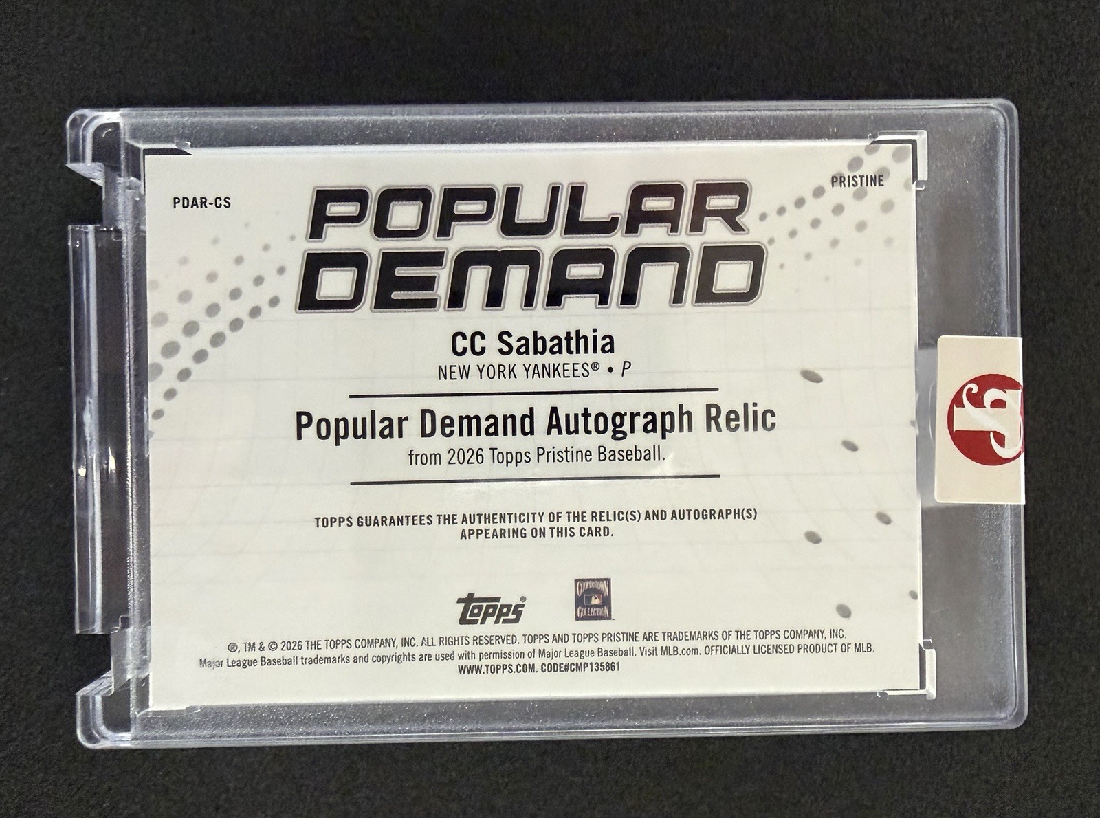 2026 Topps Pristine CC Sabathia Popular Demand Auto Relic - Game Used /75 view 2