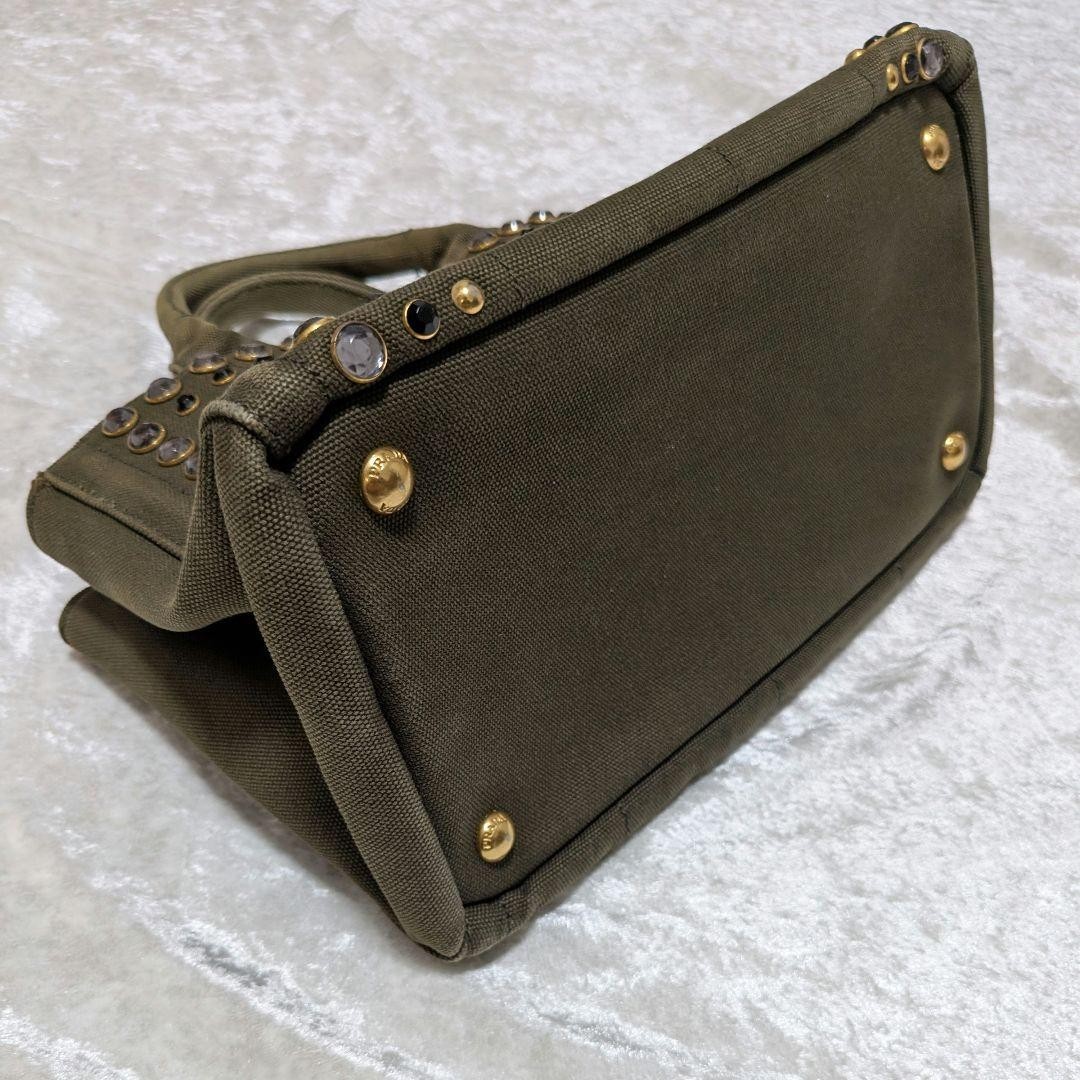 PRADA Tote Bag Canapa Bijou Shoulder Bag khaki Canvas Women W/Guarantee Card JP thumbnail 12