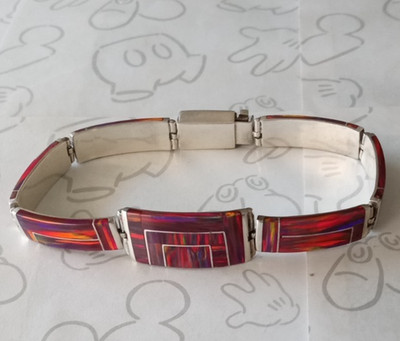 Escorcia Inlaid Stone Bracelet Rectangular Block 950 Sterling Silver Red Orange