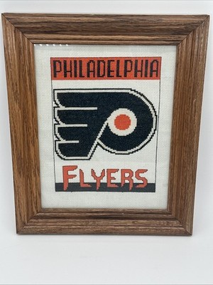 Vintage Philadelphia Flyers Cross Stitch Framed Wall Art NHL Hockey Decor 10x12 