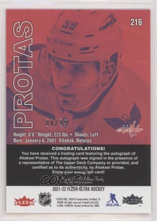 2021-22 Fleer Ultra Rookies Red Rainbow Foil /99 Aliaksei Protas Rookie Auto RC - Image 2 of 2