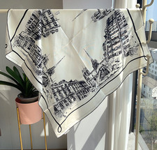 Twill Silk Mulberry 14 Momme Scarf Bandana White castle Print Squre 88X88cm wrap