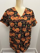 Happy Halloween Pumpkin Scrub Top Just Love Uniform Nurse Medical Vet Size Large