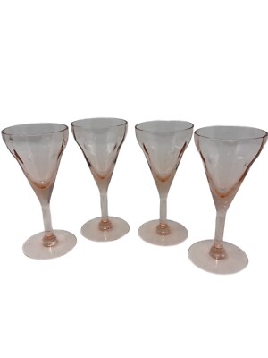 Set of 4 Vintage Pink Wine Glasses Smooth Stem Tulip Shaped Cup Delicate