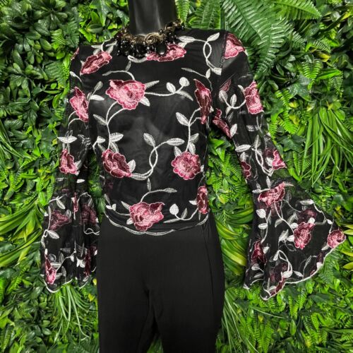 IMPULSIVE Tops Women Small Black Full Sheer Embroidered Floral Crop Blouse 1288