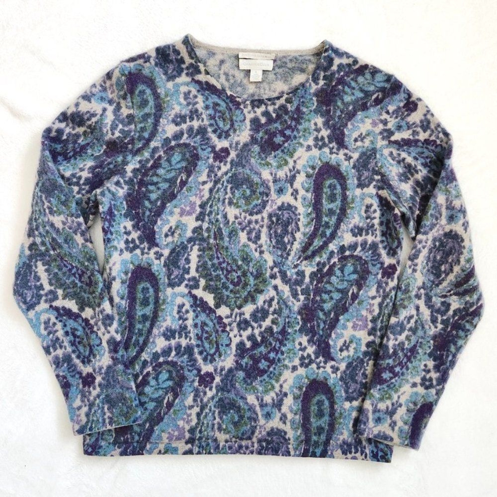 Charter Club Paisley Cashmere Sweater Women's Large Purple Blue Soft Pullover