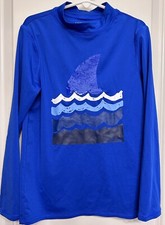 Lands End Rash Guard Small 6-7 Royal Blue Long Sleeve Swim Shirt Sequin Shark