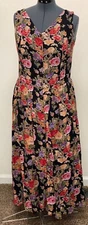 Boutique Europa 10 Black Rose Floral Cotton V Neck Lined Sleeveless Long Dress