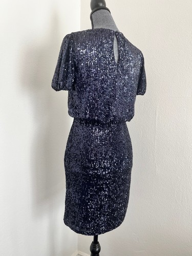 Women's V-Neck Short Sleeve Knee Length Navy Blue Sequin, Cocktail Dress, Small - Picture 8 of 21