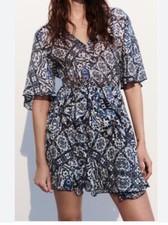 Zara Women’s M Ruffled Printed Mini Dress Blue Flutter Sleeve Boho Fav Blogger