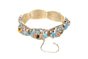 Chinese 19th century Beautiful Silver & Enamel Bracelet w/eye of the Tiger Stone