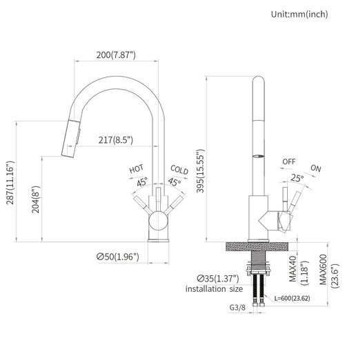 Edelstahl Küchenarmatur Ausziehbar Wasserhahn Mischbatterie mit Brausefunktion - Bild 10 von 11