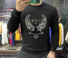 New Men Luxury Diamond Rhinestones Fashion Black Hoodie High Quality