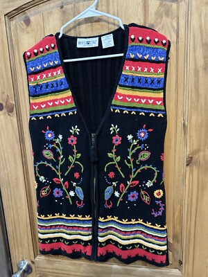 White Stag Women s Black Knit Vest Multicolor Floral Embroidery Size 18/20
