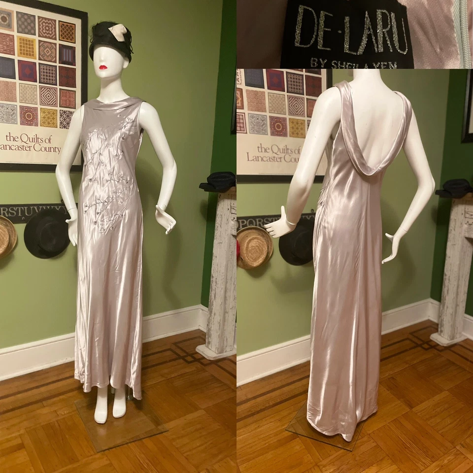 Vtg 90s De-Laru S/M Pewter Silver Column Maxi Gown Party Dress ❤️ M 38 USA Made - Image 2 of 4