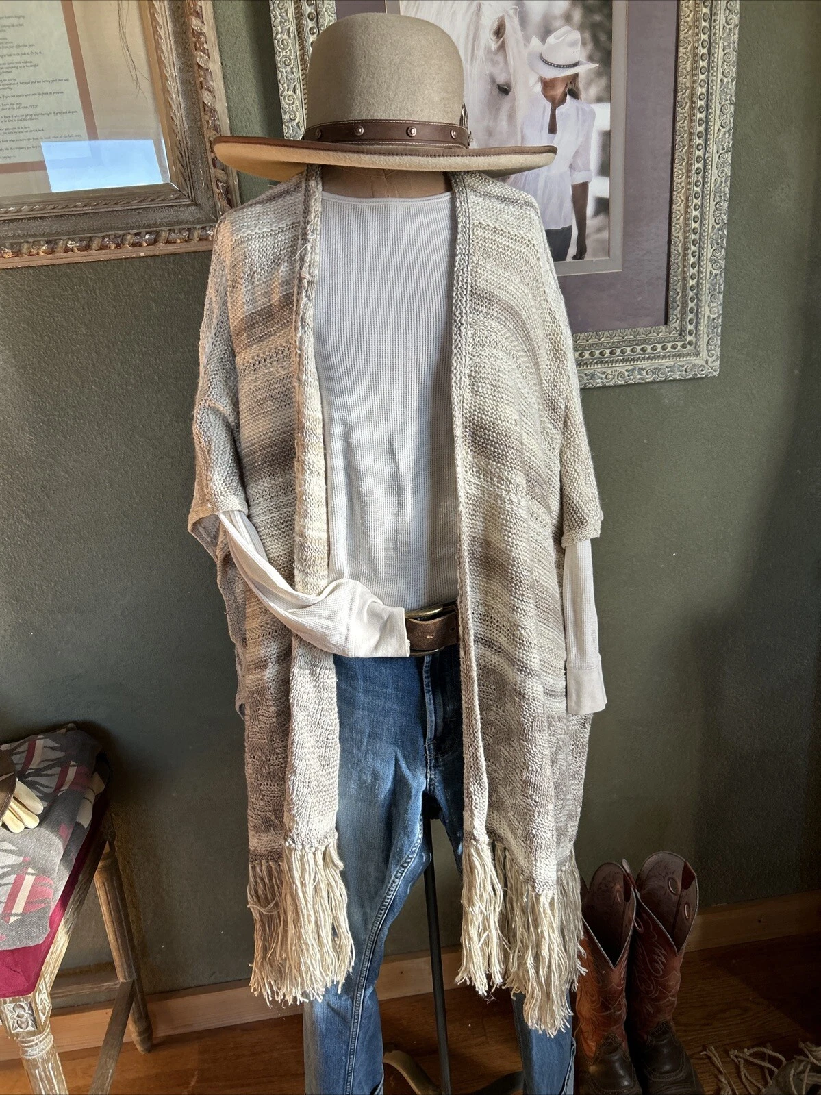 polo ralph lauren Beige Cream Linen Silk Blend Poncho Ruana Fringe Western Boho