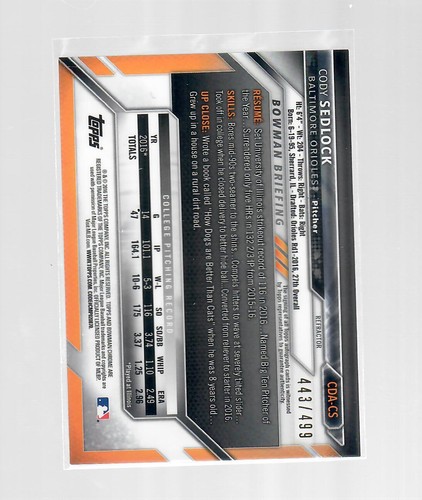 Cody Sedlock 2016 Bowman Cromo Auto Rifrattore 443/499 Rc Autografo Prospect - Foto 2 di 2