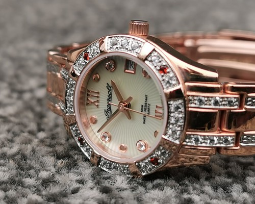 Reloj Suizo Ingersoll, Bisel y Esfera Gemas, Fecha, Pulsera Chapada en Oro Rosa 18k - Imagen 9 de 15
