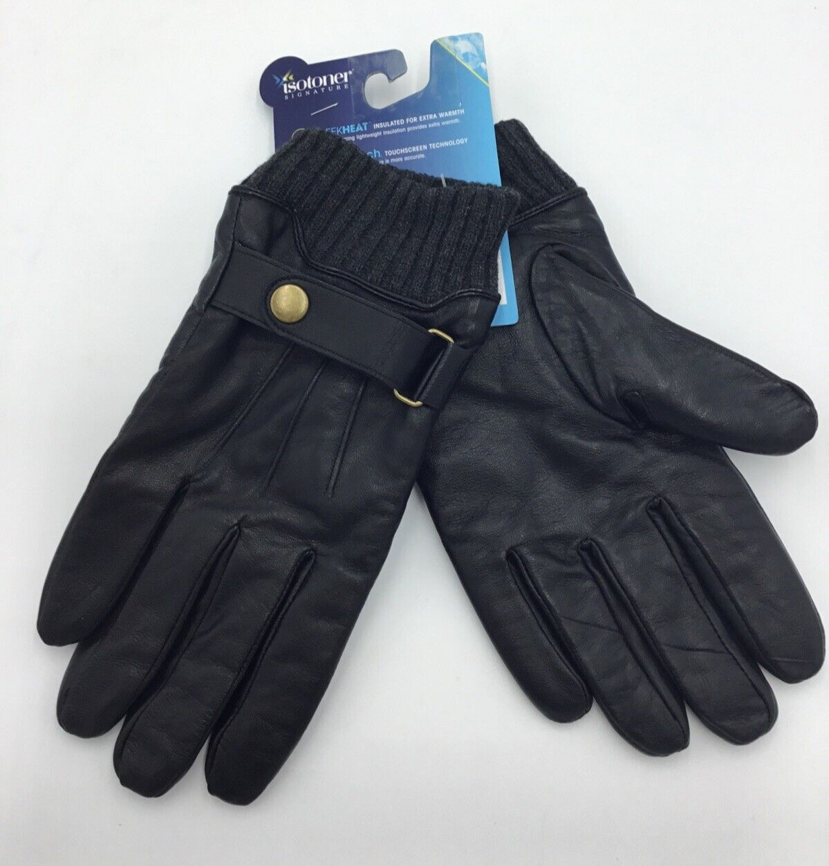 Isotoner Signature Men's Insulated Leather Touchscreen SnapCuff Gloves, Black, L