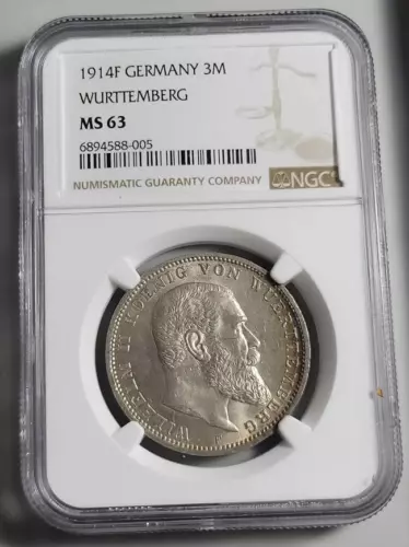 3 Mark Wurttemberg 1914F Germany Ag NGC MS63 (005)