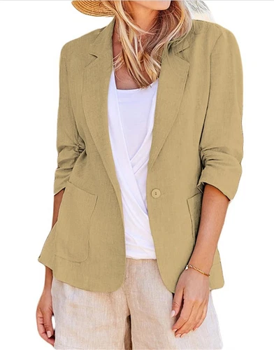 Mujeres Blazer de Algodón Manga 3/4 Acanalado Forrado Traje Informal Elegante Chaqueta de Trabajo Asiática - Imagen 10 de 33