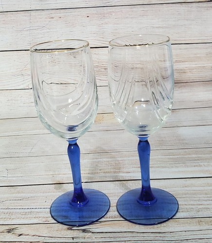 Lenox Crystal Wine Goblets Set of 2 Cobalt Blue Stem Swag Draped w/ Gold Rim - Picture 2 of 7