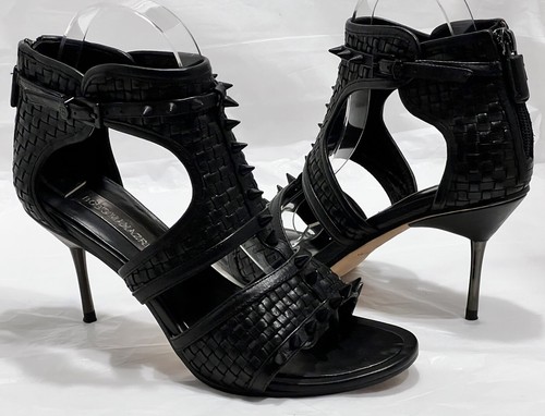 BCBG MAXZAZRIA Ma-Cira BLACK Woven Leather Studded High Heel Open Sandals 6.5M - Picture 1 of 12