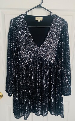 Nordstrom Melloday Womens Black Sequin V Neck Long Sleeve Tunic Dress Size  Small