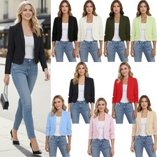 Womens Cropped Blazer Ruched Sleeve Open Front Smart Casual Jacket with Pockets