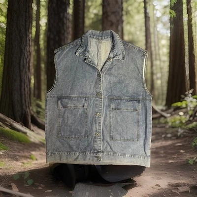 Jeans Vest Mens L/G Button Up Vintage Denim Streetwear Hip Hop 90s Baggy - Image 1 of 2