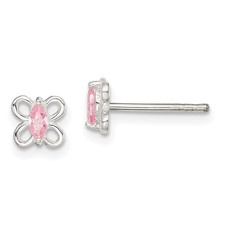 Sterling Silver Polished Pink Cubic Zirconia Butterfly Children's Stud Earrings