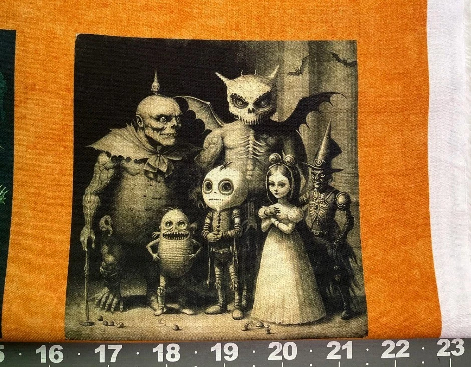 QT Tela Algodón CREEPSVILLE Espeluznante Halloween Familia Paneles Gatos Calabazas Horror Foto 4 de 4