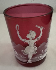 Vtg Mary Gregory Cranberry Glass Tumbler Girl W Brush & Mirror in Forest 3 1/2