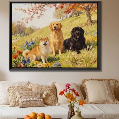 Oil Painting Dog Artwork Shiba Inu Canvas Print Floral Still Life Wall Art Decor