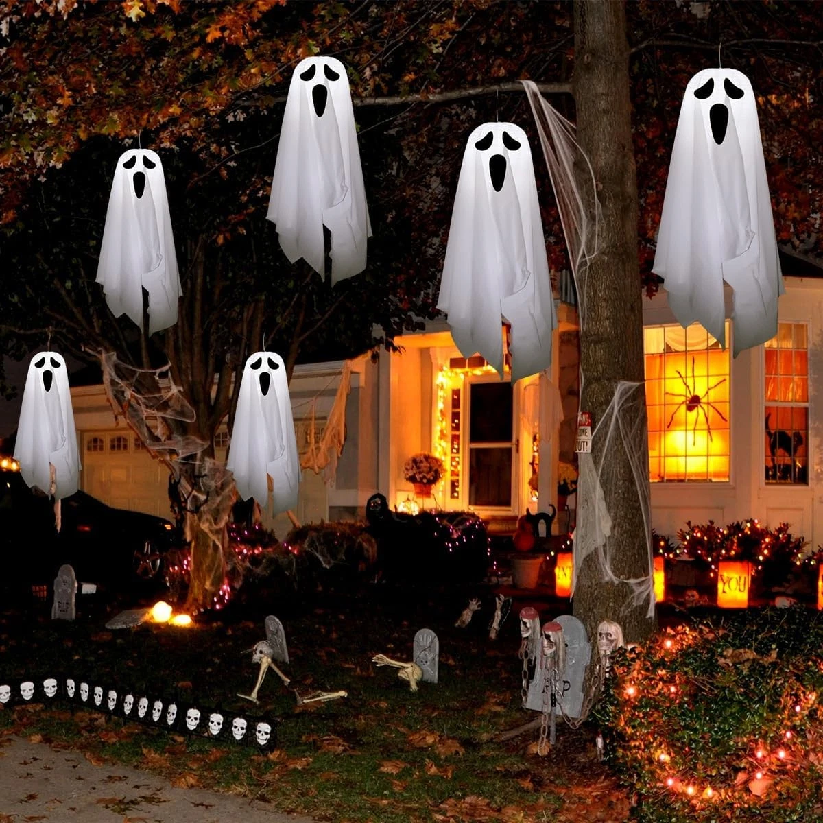 6Pcs Light Up Ghost Halloween LED Light Outdoor Decor Party Home Hanging Decor, thumbnail 8