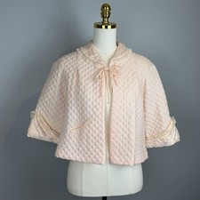 Vtg Barbizon Quilted Pink Bed Jacket Size Small Embroidered Dainty Puff 1950-60s