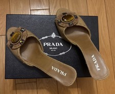RARE VINTAGE PRADA TIGER'S EYE EMBELLISHED WEDGE MULES 38.5