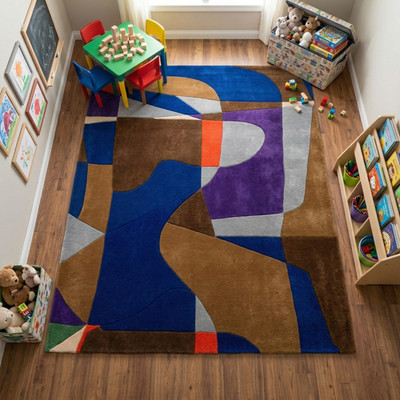 Large Abstract Area Rug Blue Brown Purple Kids Playroom Soft Modern Art Carpet
