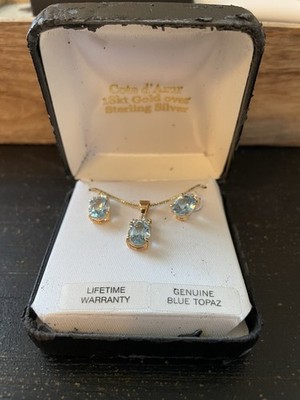 Cote d'Azur Blue Topaz Jewelry Set Earrings & Pendant 18kt Gold Plated 925