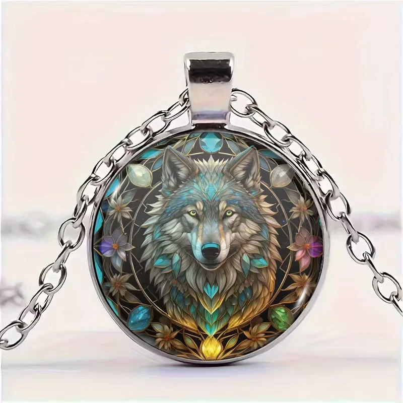 Wolf Round Necklace Jewelry Silvery Nature  Animal Butterfly Pendant A - Image 2 of 4
