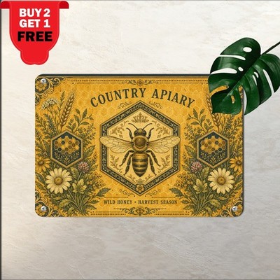 Central Hexagon Emblem Honey Bee Honeycomb Floral Illustration Metal Tin Sign