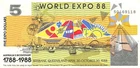 Australia $5 4.30.1988 Bicentennial Commemorative World Expo Circulated Banknote