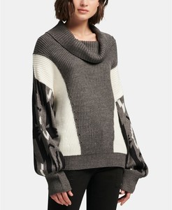 New $220 Dkny Women'S Grey Colorblocked Cowl Neck Printed Sleeve Sweater Size Xl 802892187346 | eBay