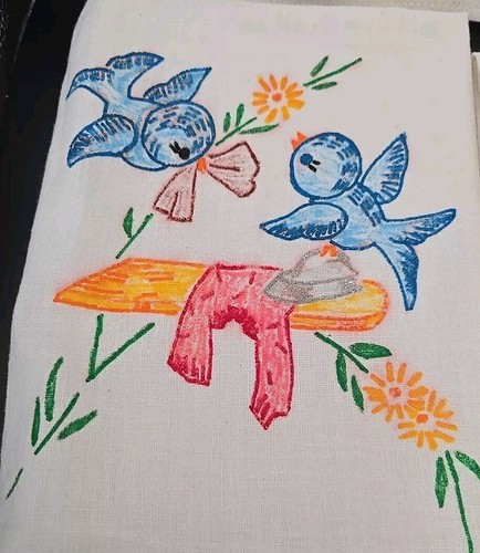 Vintage Menge 7 Mehlsack Geschirrtücher 28x15 bemalt blau Vögel Hausarbeit - Bild 5 von 11