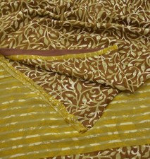 Indian Vintage Green Brown Saree Pure Crepe Silk Printed Sari Craft Fabric 5yd