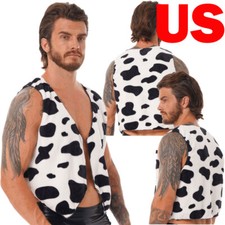 Mens Cowboy Cosplay Tops Cow Print Vest Open Front Cardigan Waistcoat Costume