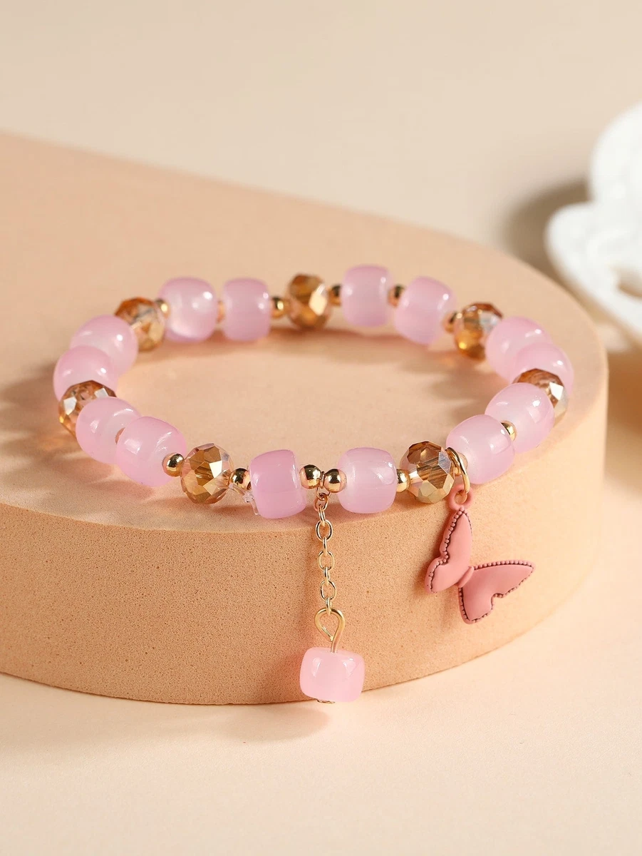 Pink Butterfly Charm Beaded Bracelet Stackable Stretch Bracelets Pink Beads